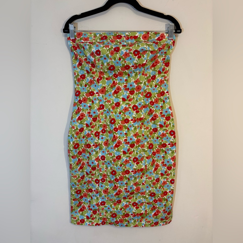 Strapless Floral Cotton Structured Fitted Tea Length Sun Dress Y2K / 90s Vintage
